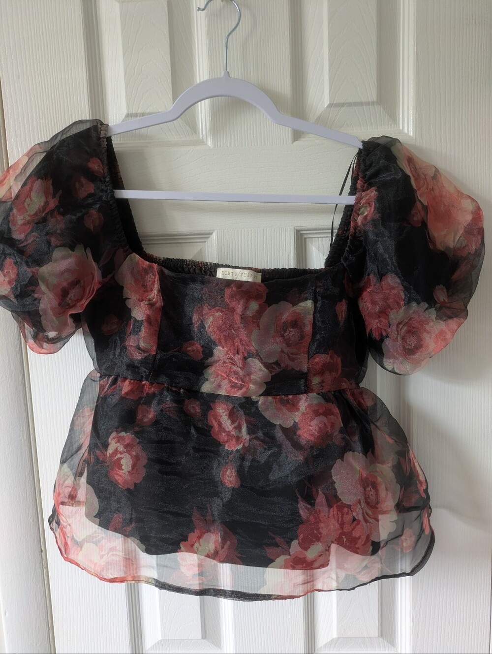 Thirty Thirty Floral Puff-Sleeve Organza Top - Black Pink Rose Bustier